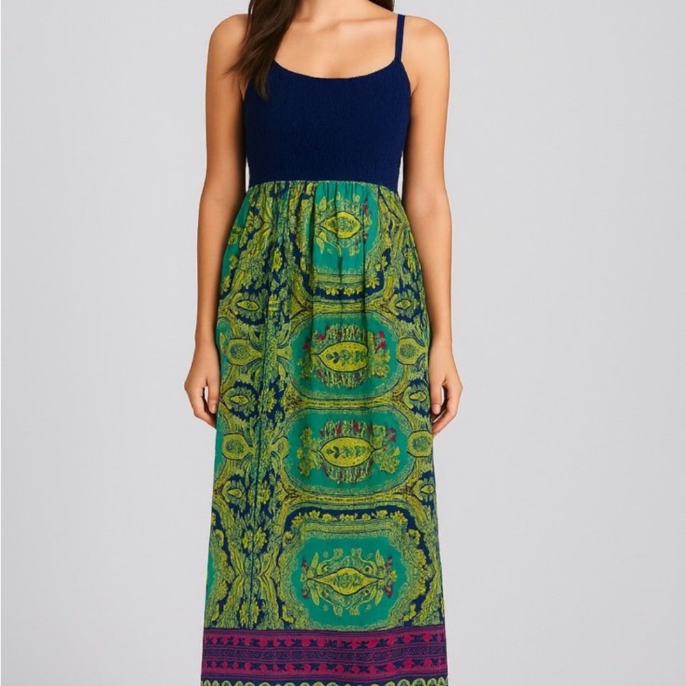 Red Camel Navy and Green Patterned Maxi Dress